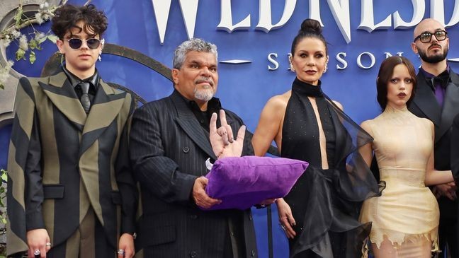 LONDON, ENGLAND - JULY 30: (L to R) Isaac Ordonez, Luis Guzmán, Catherine Zeta-Jones, Jenna Ortega and Victor Dorobantu attend the Global Premiere of "Wednesday" Season 2, Part 1 at Central Hall Westminster on July 30, 2025 in London, England. (Photo by Aimee Rose McGhee/Dave Benett/WireImage)