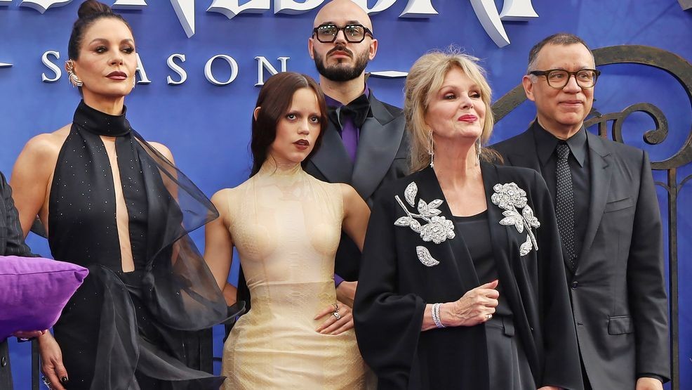 LONDON, ENGLAND - JULY 30: (L to R) Catherine Zeta-Jones, Jenna Ortega, Victor Dorobantu, Joanna Lumley and Fred Armisen attend the Global Premiere of "Wednesday" Season 2, Part 1 at Central Hall Westminster on July 30, 2025 in London, England. (Photo by Aimee Rose McGhee/Dave Benett/WireImage)