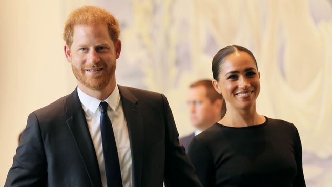 NEW YORK, NEW YORK - JULY 18: Prince Harry, Duke of Sussex and Meghan, Duchess of Sussex arrive at the United Nations Headquarters on July 18, 2022 in New York City. Prince Harry, Duke of Sussex is the keynote speaker during the United Nations General assembly to mark the observance of Nelson Mandela International Day where the 2020 U.N. Nelson Mandela Prize will be awarded to Mrs. Marianna Vardinogiannis of Greece and Dr. Morissanda Kouyaté of Guinea. (Photo by Michael M. Santiago/Getty Images)